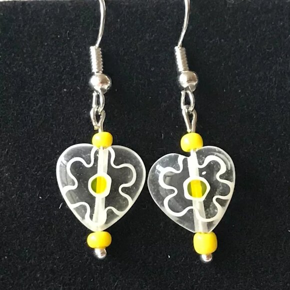 Vintage Murano Millefiori Heart Glass Earrings Bead Yellow White Silver Plated - Picture 7 of 10